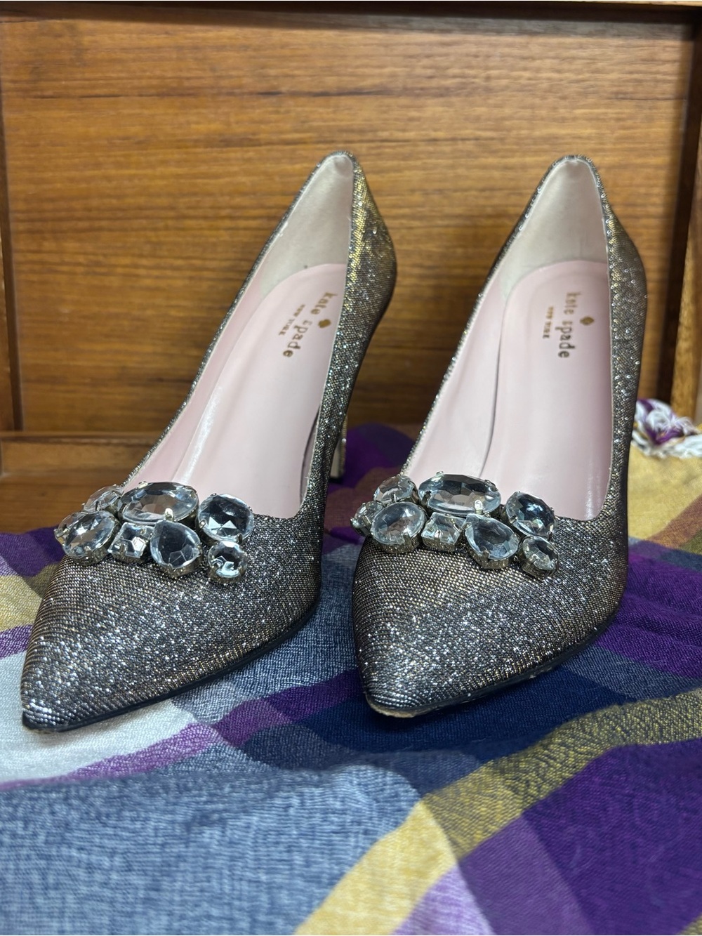 kate spade Gold Glitter Jeweled Pointed-Toe Pumps with Crystal Accent